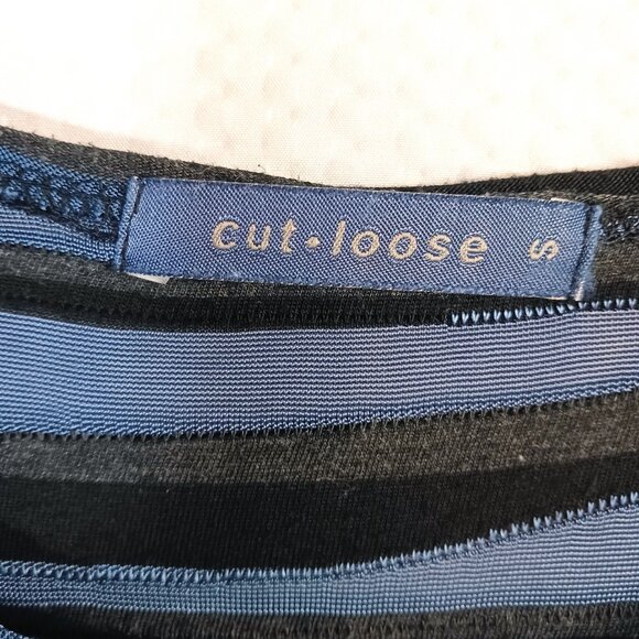 Cut Loose Blue Black Textured Stripe Tunic Top Rayon Blend Long Sleeves Size S - Picture 5 of 7